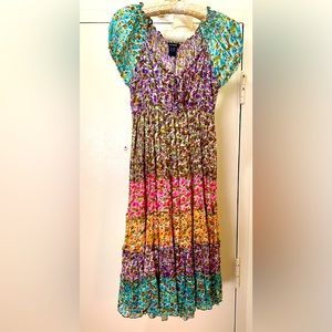 Jackpot Boho Puff Sleeve Empire Waist Peasant Dress, Size Small, Multi-Color